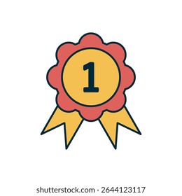 Flat Style Number One Award Badge with Red Rosette and Yellow Ribbon on White Background
