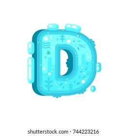 Flat style ocean font with water, fishes and water plant. Blue underwater alphabet made of splash and water flows. Nature ocean letters. Letter D flat illustration.