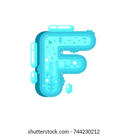 Flat style ocean font with water, fishes and water plant. Blue underwater alphabet made of splash and water flows. Nature ocean letters. Letter F flat illustration.