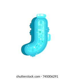 Flat style ocean font with water, fishes and water plant. Blue underwater alphabet made of splash and water flows. Nature ocean letters. Letter J flat illustration.