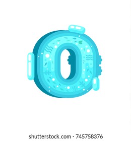 Flat style ocean font with water, fishes and water plant. Blue underwater alphabet made of splash and water flows. Nature ocean letters. Letter O flat illustration.
