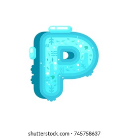 Flat style ocean font with water, fishes and water plant. Blue underwater alphabet made of splash and water flows. Nature ocean letters. Letter P flat illustration.