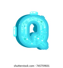 Flat style ocean font with water, fishes and water plant. Blue underwater alphabet made of splash and water flows. Nature ocean letters. Letter Q flat illustration.