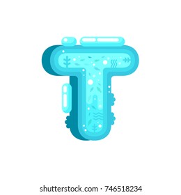 Flat style ocean font with water, fishes and water plant. Blue underwater alphabet made of splash and water flows. Nature ocean letters. Letter T flat illustration.