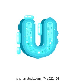 Flat style ocean font with water, fishes and water plant. Blue underwater alphabet made of splash and water flows. Nature ocean letters. Letter U flat illustration.