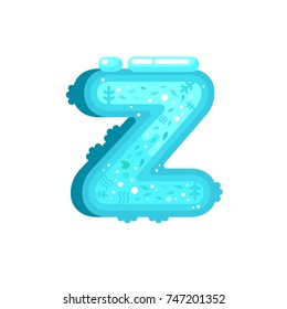 Flat style ocean font with water, fishes and water plant. Blue underwater alphabet made of splash and water flows. Nature ocean letters. Letter Z flat illustration.