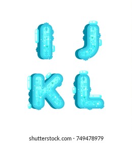 Flat style ocean font with water, fishes and water plant. Blue underwater alphabet made of splash and water flows. Nature ocean letters.