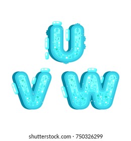 Flat style ocean font with water, fishes and water plant. Blue underwater alphabet made of splash and water flows. Nature ocean letters.