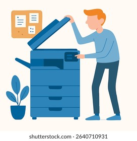 Flat Style Office Worker Using Photocopy Machine Illustration Design Concept