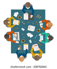 Flat style office workers business management meeting and brainstorming on the square table in top view vector illustration