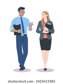 Flat style office workers talking and walking cartoon illustration