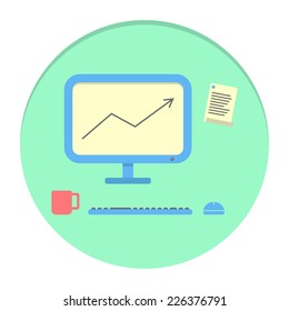 flat style office workplace in circle. concept of creative office workspace and business items for daily usage. modern vector illustration