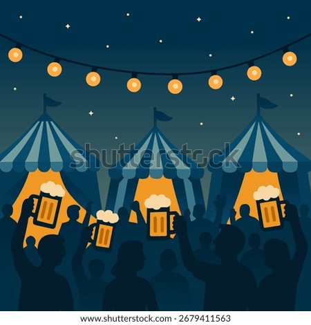 Flat Style Oktoberfest Celebration with Crowd, Tents and Beer Illustration