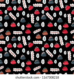 Flat style. On black, white and red colored background. Seamless business pattern. Vector illustration. Digital money. Block chain, finance symbol. Cryptocurrency logo sigh. Bitcoin concept.