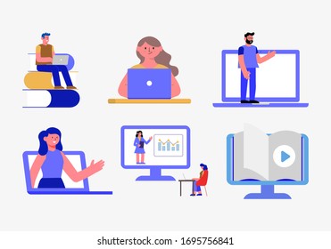 Ilustración de vectores de diseño de conjuntos de educación en línea de estilo plano