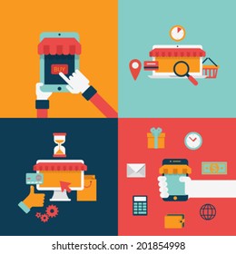 Flat style online internet shopping sale buy purchase process template icon set. Flat design elements processes collection.