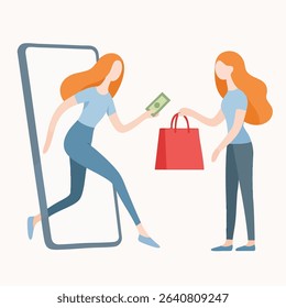 Flat Style Online Shopping Female Customers with Handbag and Money Transaction Illustration