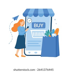 Flat Style Online Shopping Woman Buying Goods via Mobile Phone Illustration