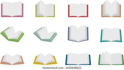 Conjunto de vetores de livro aberto de estilo plano em vários ângulos de leitura - design mínimo para conteúdo de educação, literatura e e-learning