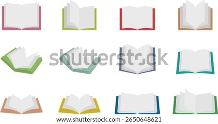 Flat Style Open Book Vector Set in Multiple Reading Angles – Minimal Design for Education, Literature, and E-learning Content