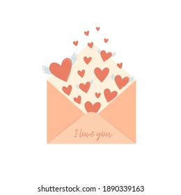 Flat style opened envelope icon with hearts. Mail icon. Happy Valentine's day lettering. Can be used in infographic, advertising, for Valentines day card. Vector illustration.