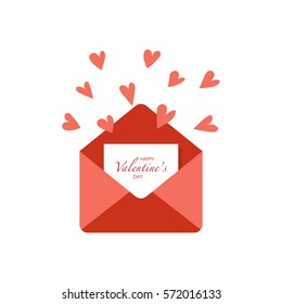 Flat style opened envelope icon with hearts. Mail icon.
Happy Valentine's day lettering.
Can be used in infographic, advertising, for Valentines day card.
Vector illustration.