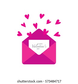 Flat style opened envelope icon with hearts. Mail icon.
Happy Valentine's day lettering.
Can be used in infographic, advertising, for Valentines day card.
Vector illustration.