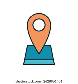 Icono de pin de ubicación naranja de estilo plano con agujero circular en base de mapa verde azulado