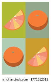 Flat style oranges and slices on different color background. Vector