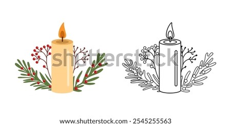 Flat style outline and colored burning candle decorated with christmas branches with red berries. Vector illustration. 