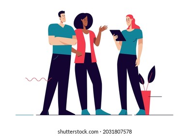 Flat style outline vector illustration depicting group of people on the subject of teamwork. Editable stroke.