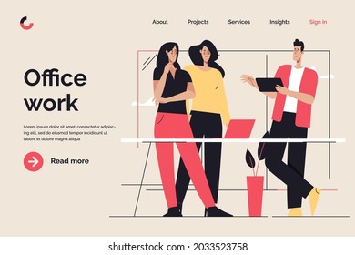 Flat style outline vector illustration on the subject of office work, business meeting. Editable stroke.