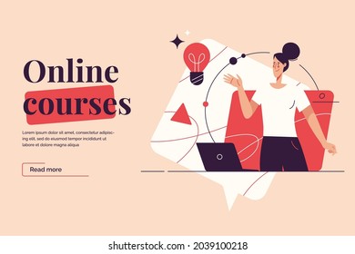 Flat style outline vector illustration on the subject of online courses, distance learning. Editable stroke.