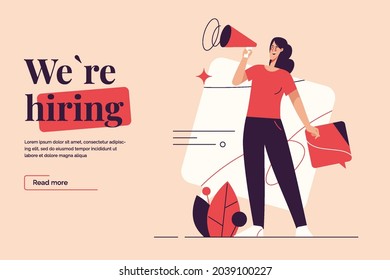 Flat style outline vector illustration on the subject of hiring, new employees recruiting, announcement and promotion. Editable stroke.