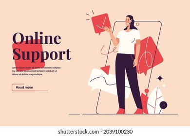 Flat style outline vector illustration on the subject of online customer support, live chat service. Editable stroke.