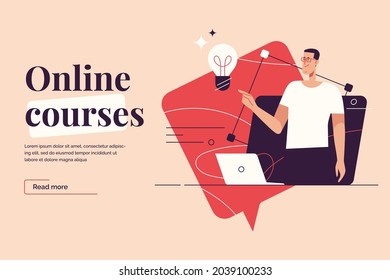 Flat style outline vector illustration on the subject of online courses, distance learning. Editable stroke.