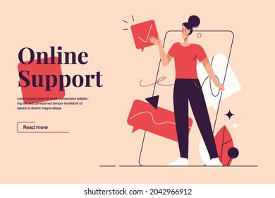 Flat style outline vector illustration on the subject of online customer support, live chat service. Editable stroke.