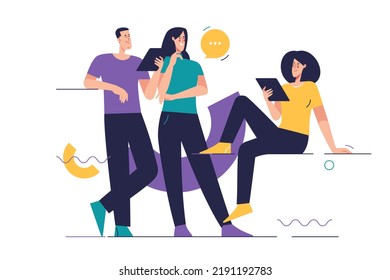 Flat style outline vector illustration depicting group of people on the subject of teamwork. 