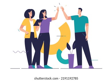 Ilustración vectorial de esquema plano que representa a un grupo de personas en el tema del trabajo en equipo. 