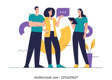 Flat style outline vector illustration depicting group of people on the subject of teamwork. 