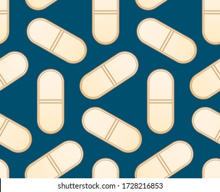 Flat style oval beige pills seamless pattern. Blue background, vector.