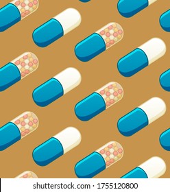 Flat style oval capsule pills seamless pattern. Mustard background, vector.