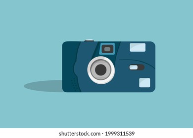 Flacher Stil mit ovalem Schatten der Retro-Fotokamera auf grünem Hintergrund.
