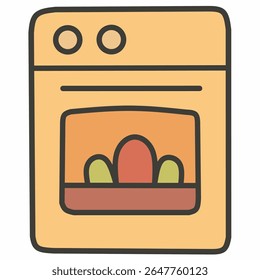Flat style oven with roast illustration in cozy hand-drawn look. Ideal for cooking graphics, kitchen sets, and recipe icons.