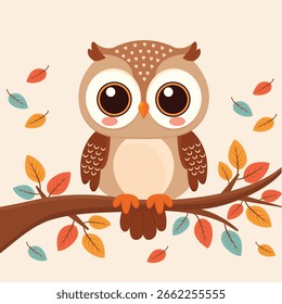 Búho de estilo plano con Ilustración vectorial de hojas de otoño.