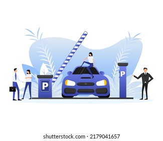 Flat style parking with car and people. Cartoon vector illustration