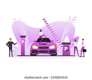 Flat style parking with car and people. Cartoon vector illustration