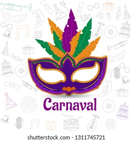 Flat style party mask illustration on doodle background for Carnaval celebration template or greeting card design.