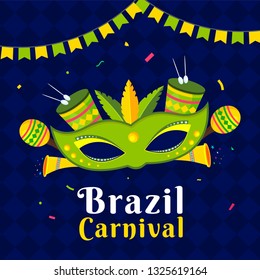 Flat style party mask with musical instruments illustration on blue background for Brazil carnival template or poster design.