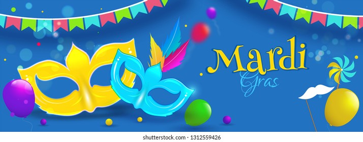 Flat style party masks and balloons on blue background for Mardi Gras header or banner design.